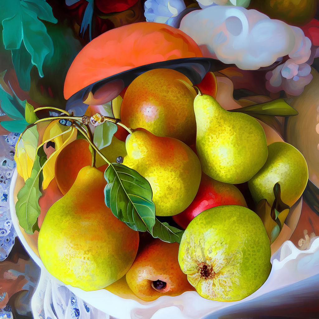 Colorful oil painting of ripe pears, apple, and leaves with light and shadow play.