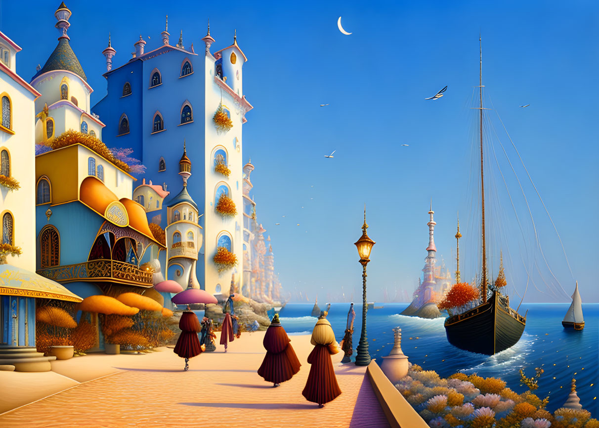 Colorful seaside town scene with crescent moon, sailing ship, and ornate buildings.