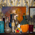 Detailed Still Life Painting with Flowers, Pumpkins, Vases, and Artwork