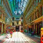 Sunlit Shopping Arcade with Glass Roof, Colorful Banners, and Lush Greenery