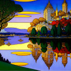 Colorful Castle Landscape with Reflection at Sunset/Sunrise