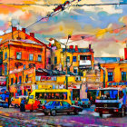 Colorful Winter Town Scene with People, Cars, and Tram