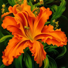 Detailed digital artwork of vibrant orange flower with intricate petals and lush green leaves