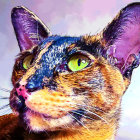 Colorful Tiger-Striped Cat Art on Purple Background