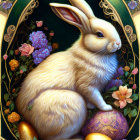 Illustrated rabbit with decorative egg in ornate art nouveau border