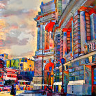 Vibrant impressionistic painting of a street scene with dramatic sky