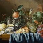 Golden Glassware Still Life with Fruits and Decanter