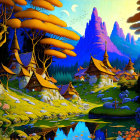 Colorful Fantasy Landscape with Whimsical Structures, River, Trees, and Starry Sky