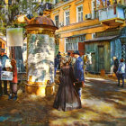 Colorful Watercolor Painting of Vintage Street Scene with Fountain and People