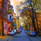 Colorful Urban Street Scene with Person Walking Amid Autumn Trees