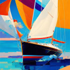 Colorful Sailboat Artwork with Geometric Shapes on Fragmented Sea