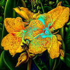 Colorful digital artwork: Yellow-orange flowers, green foliage, textures, water droplets on dark backdrop