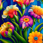 Colorful Flower Painting with Bold Red, Orange, Yellow, and Purple Tones
