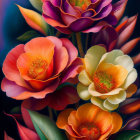 Colorful digital painting of stylized flowers with gradient petals in purple, orange, and yellow, blending