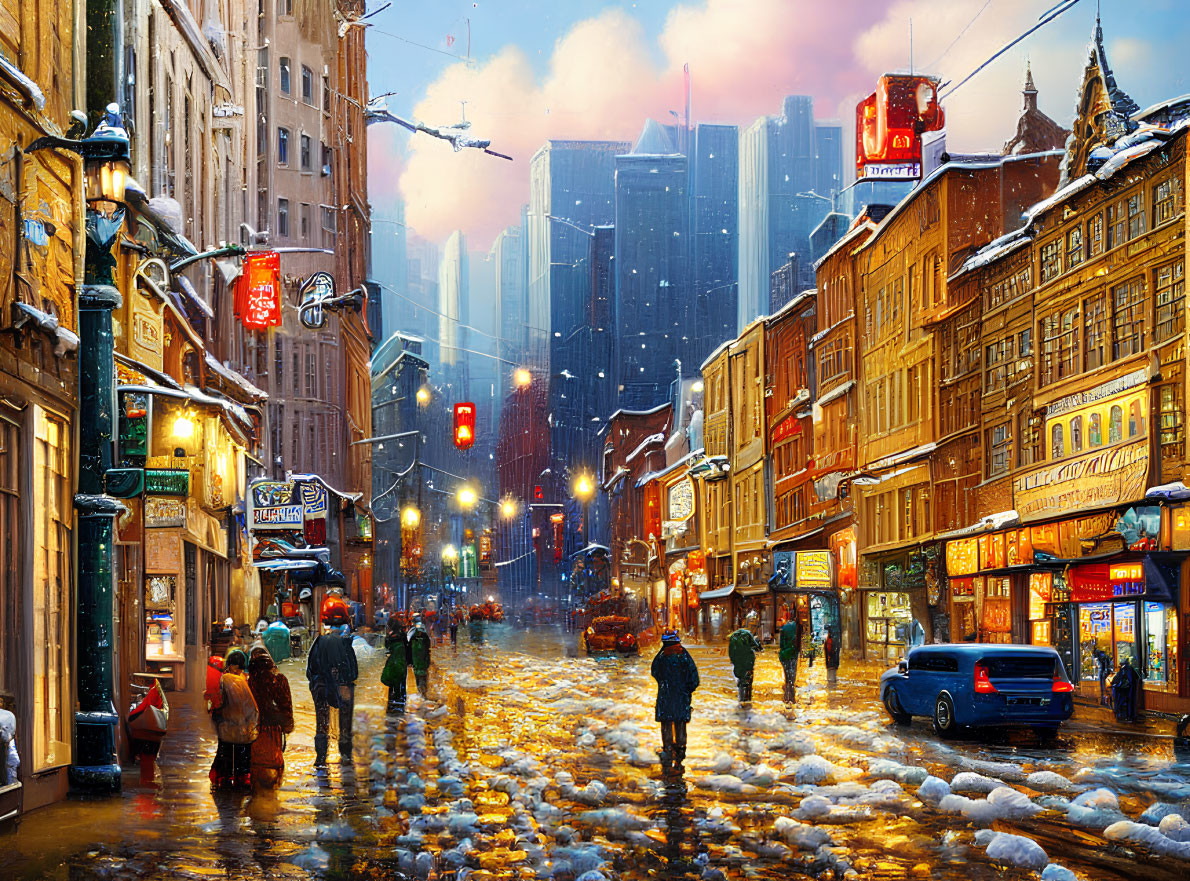 Winter twilight city street scene with snow, pedestrians, and glowing lights