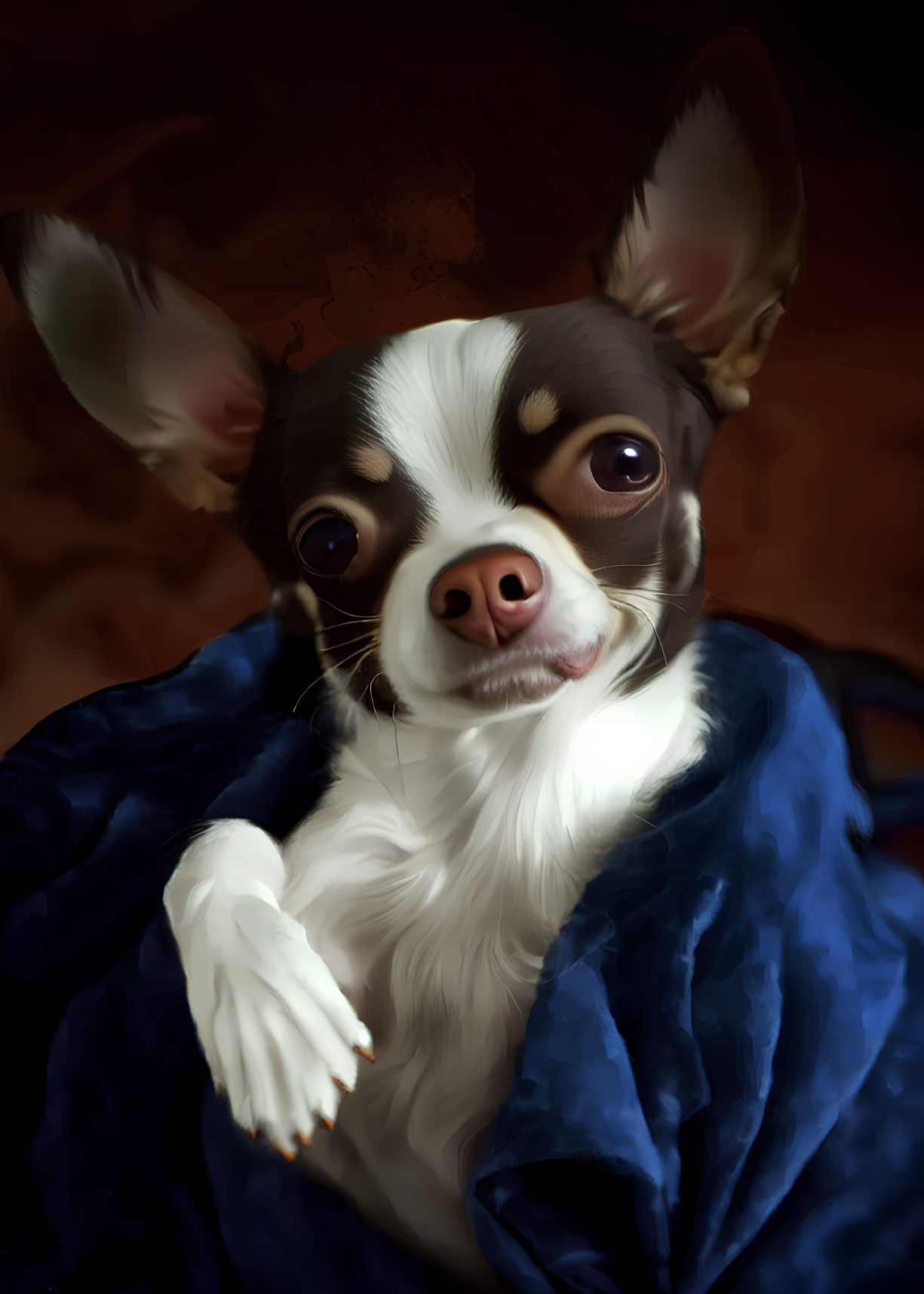 Small dog in blue blanket with expressive eyes and ears