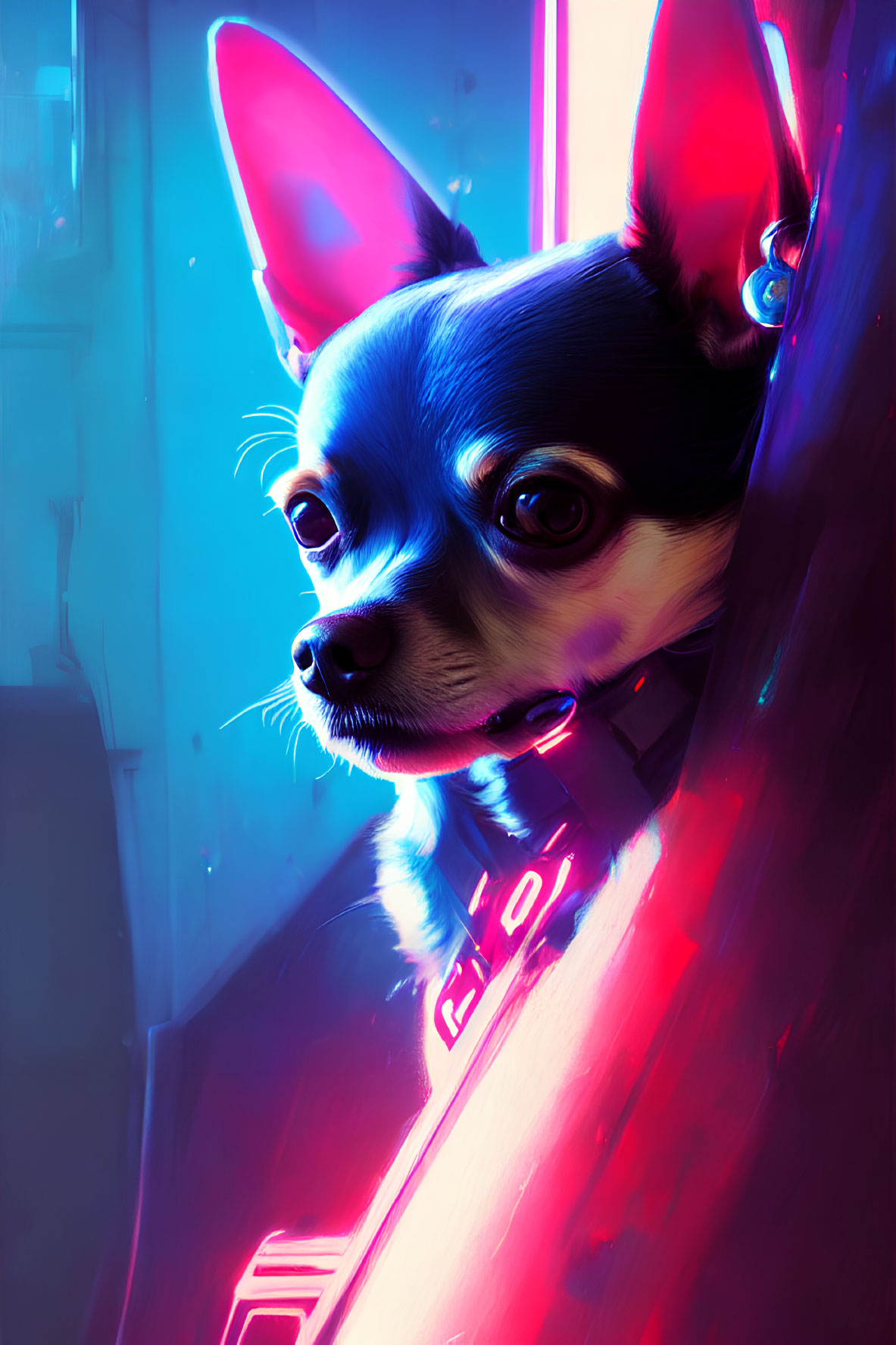 Colorful Chihuahua portrait with futuristic neon lighting.