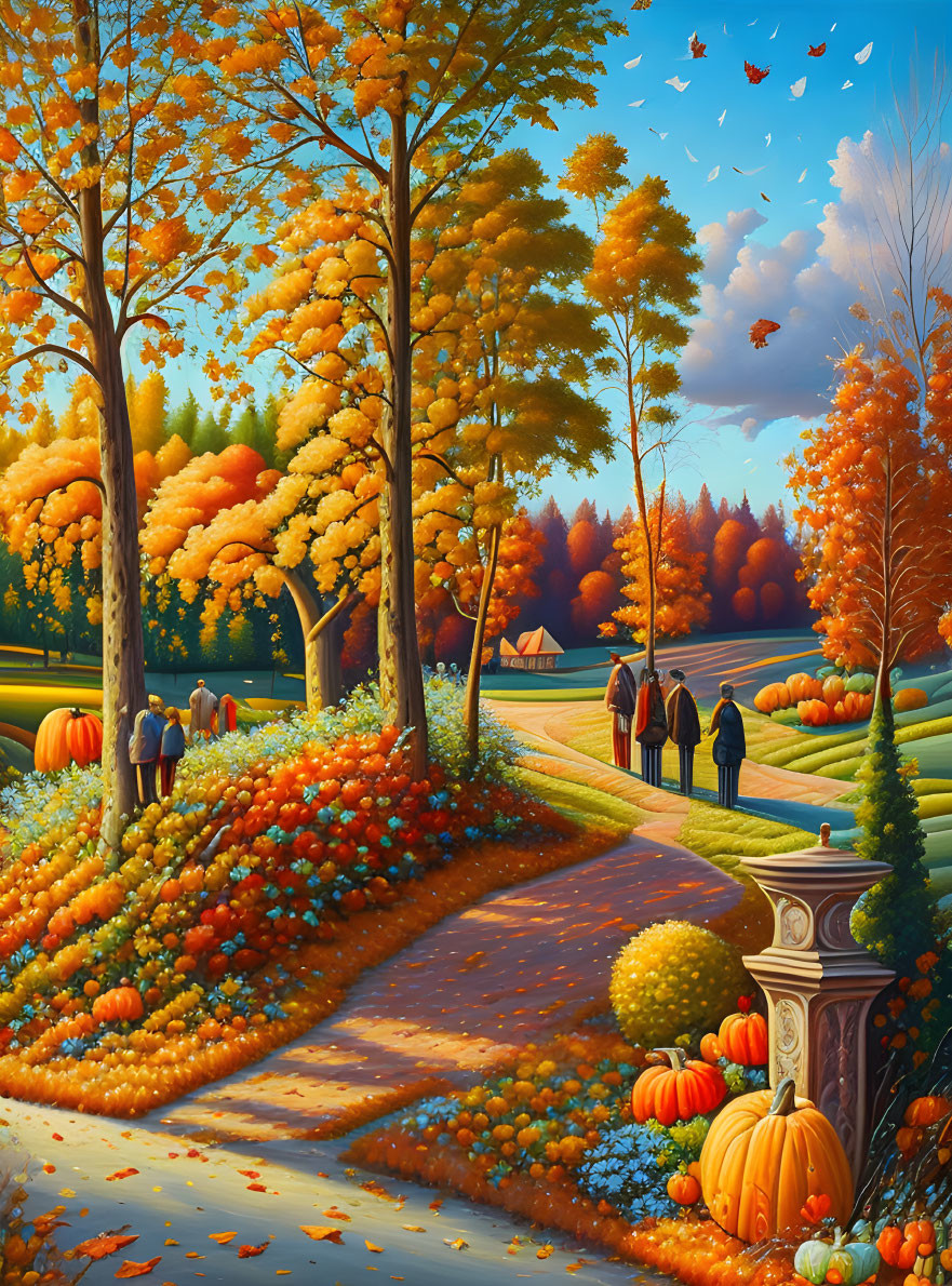 Vibrant autumn park scene with people, pumpkins, and colorful foliage