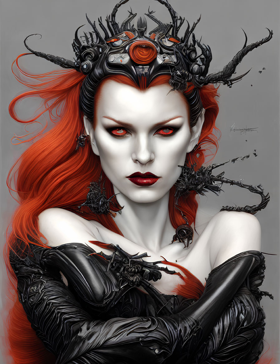 Portrait of woman with red hair, white skin, and red eyes in gothic attire and crown