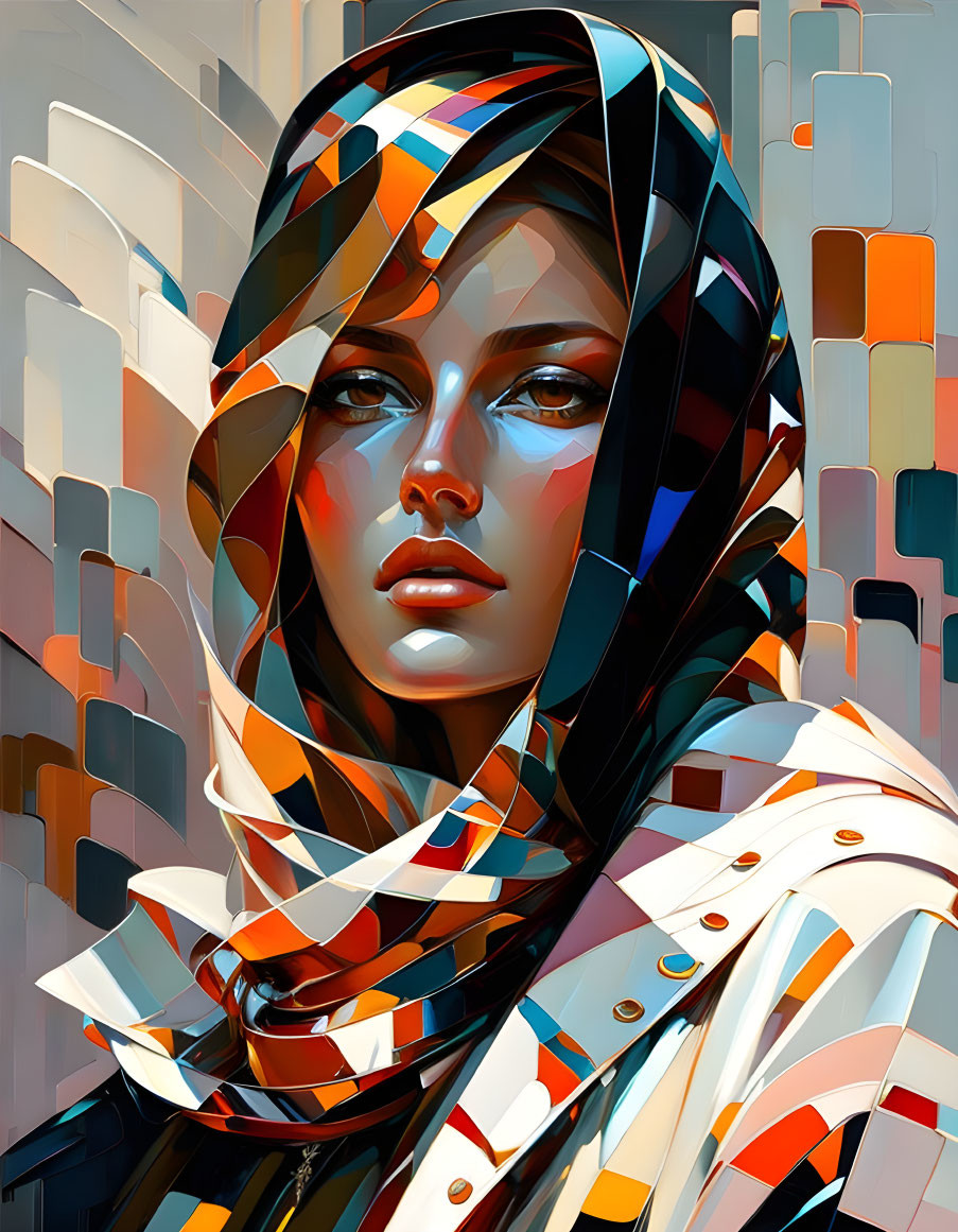 Colorful digital portrait of woman with geometric patterns against urban skyline.