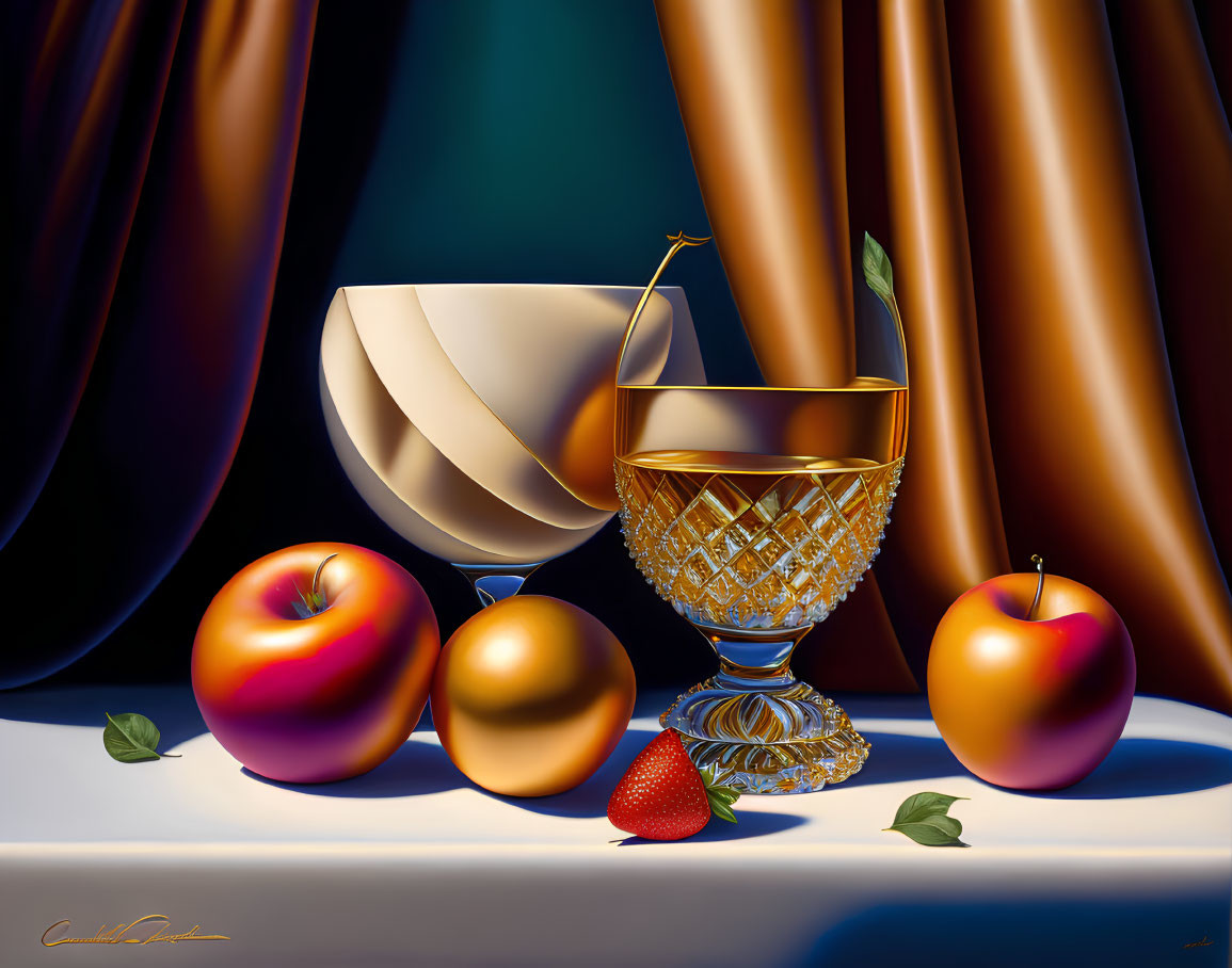 Classic still life painting with apples, strawberry, glass, cherry, and bowl on table
