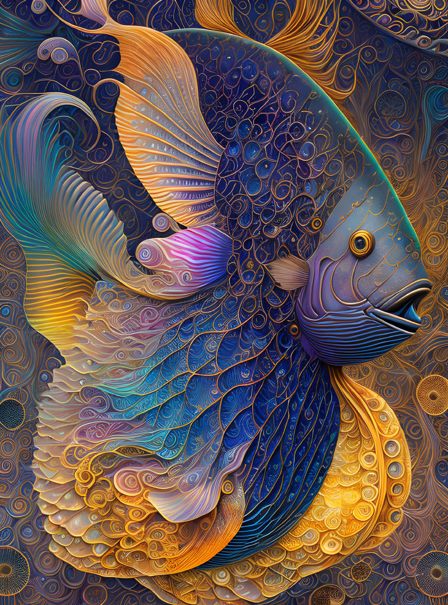 Colorful Fish Artwork with Blue and Gold Patterns