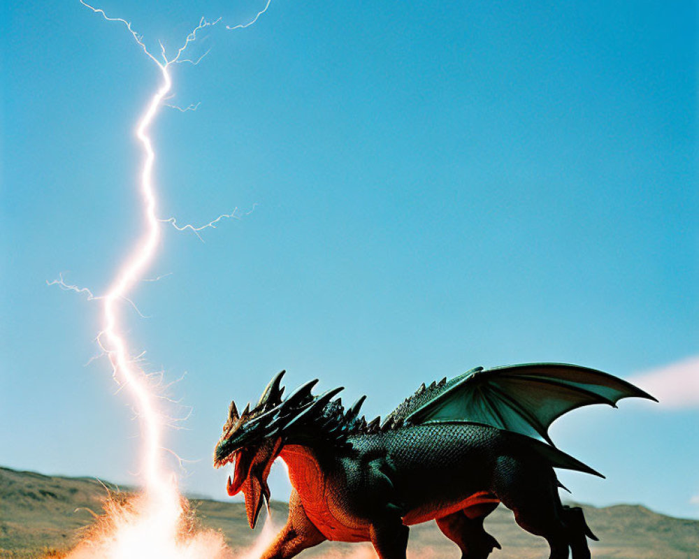 Toy dragon breathing fire on grass with lightning bolt in background