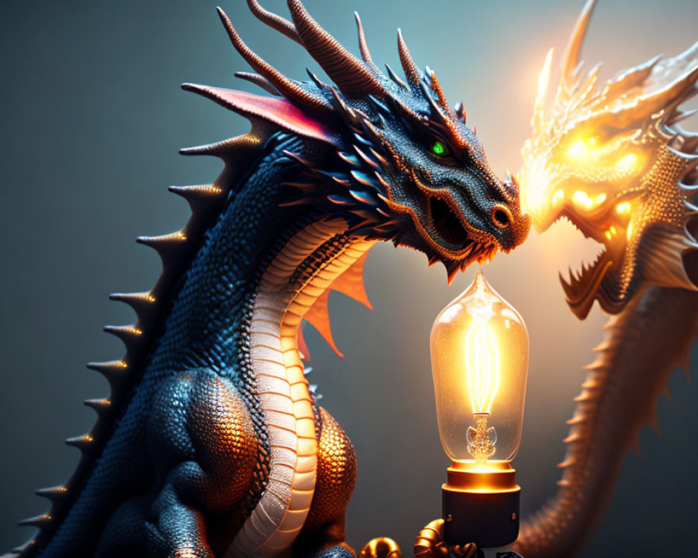 Detailed Blue and Golden Dragons with Glowing Light Bulb on Dark Background