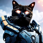 Black Cat with Glowing Orange Eyes on Robotic Body Against Dramatic Sky