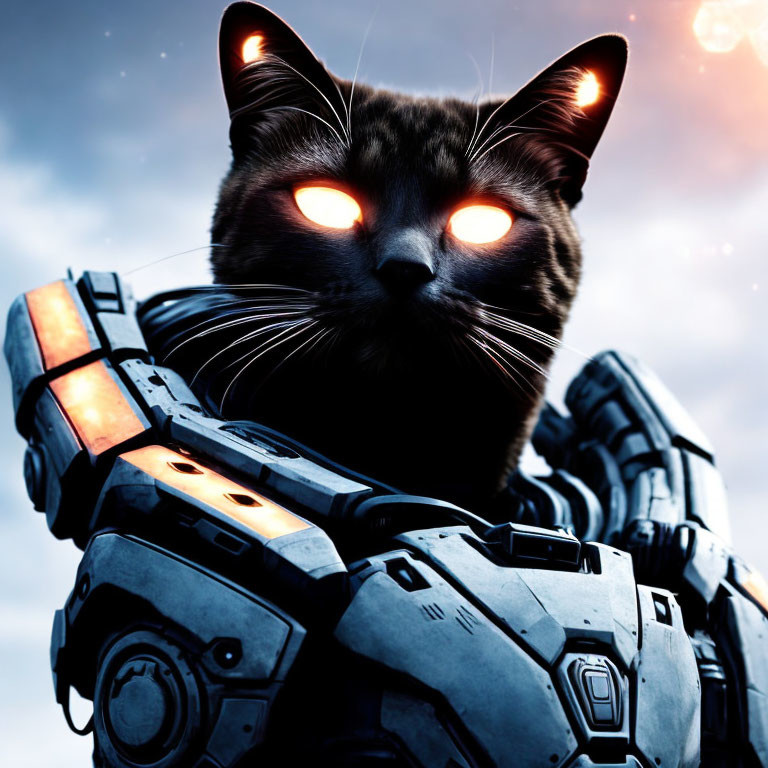 Black Cat with Glowing Orange Eyes on Robotic Body Against Dramatic Sky