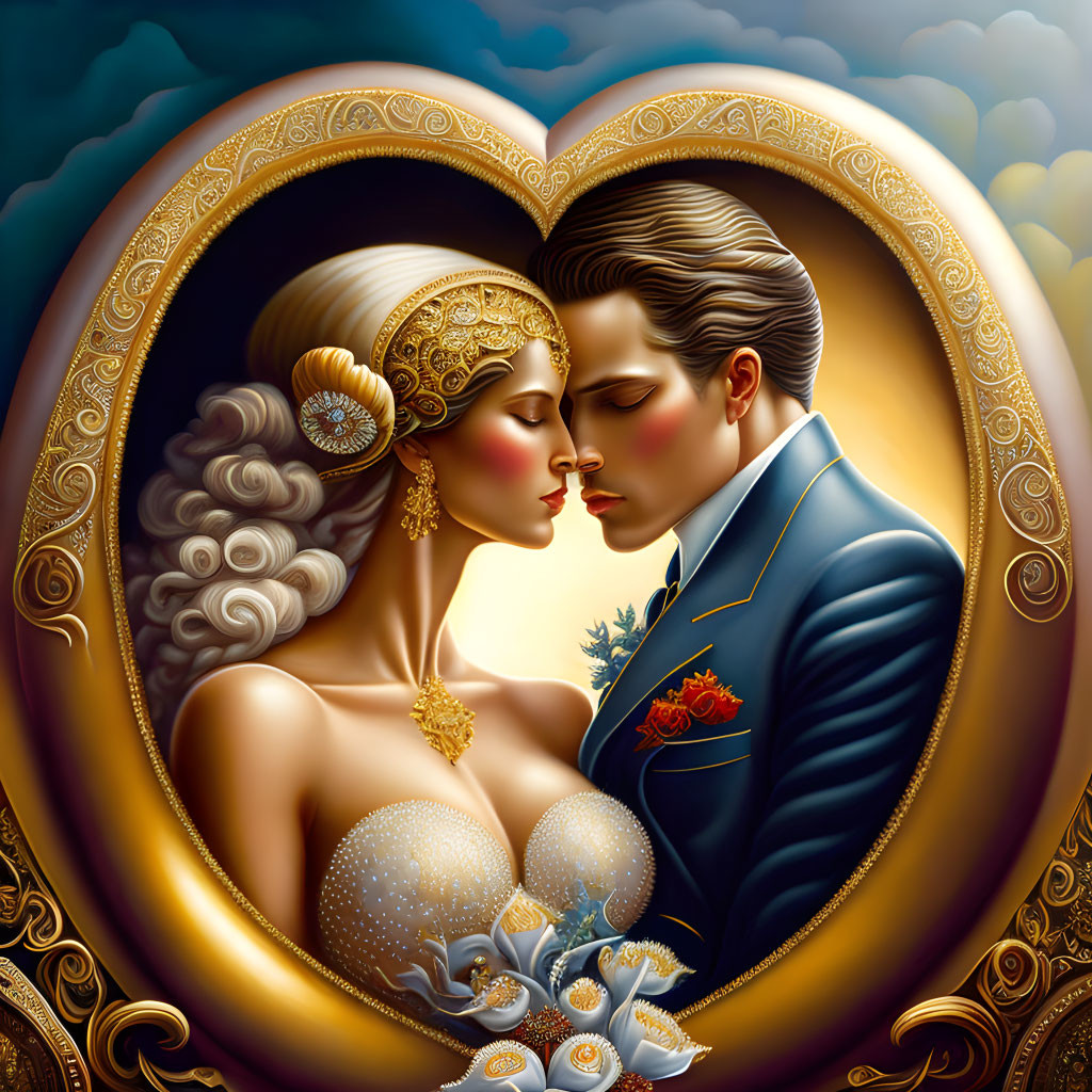 Romantic couple illustration in heart border with golden accents and dramatic clouds