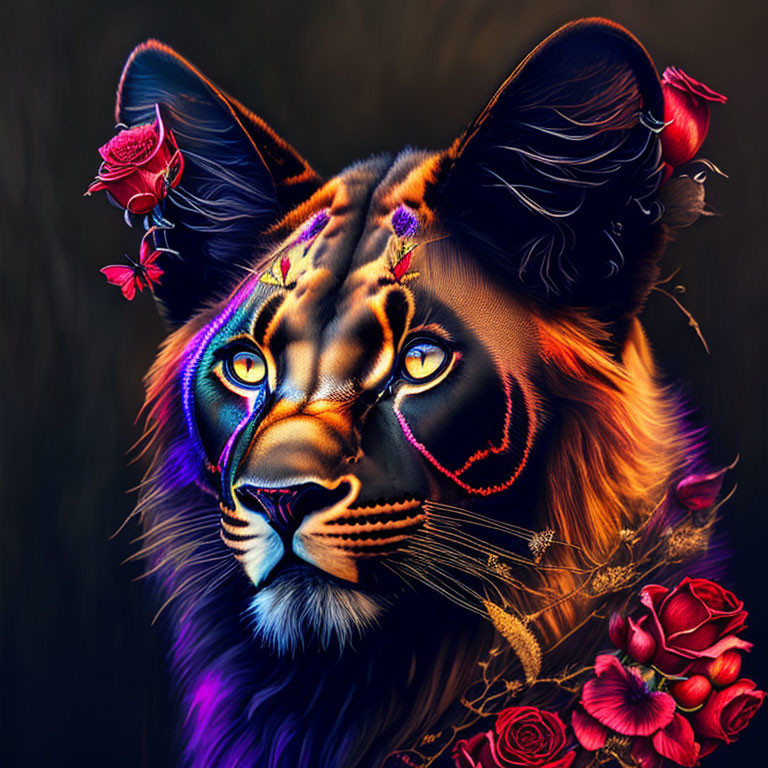Colorful Feline Portrait with Lion and Tiger Features and Floral Accents