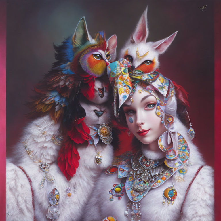 Surreal digital artwork of humanlike figure with fox features and anthropomorphic companion