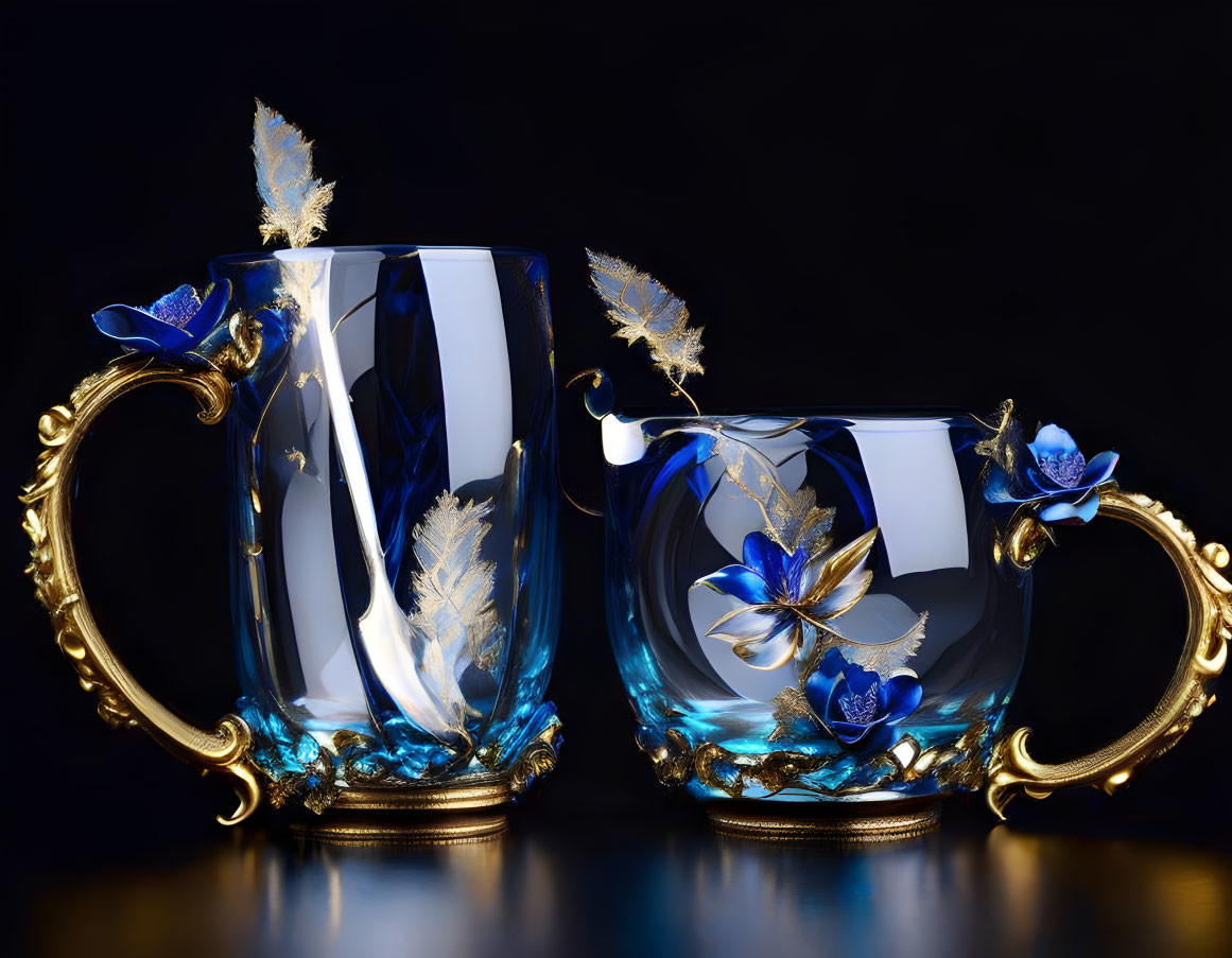 Ornate glass mugs with golden handles and blue floral designs