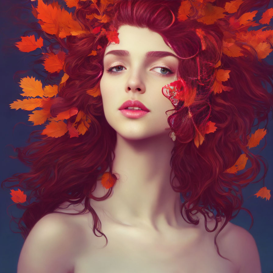 Vibrant red-haired woman with autumn leaves and butterfly on blue background