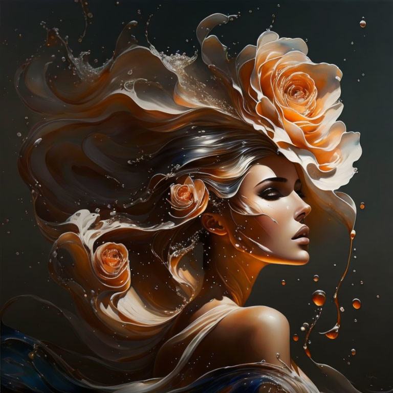 Woman with flowing hair and rose waves in orange and brown palette.