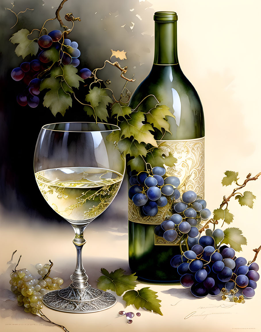 Still-life image: White wine bottle, grapes, wine glass, purple grapes on vine.