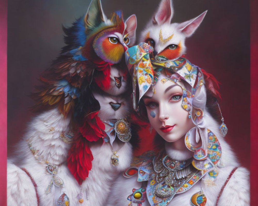 Surreal digital artwork of humanlike figure with fox features and anthropomorphic companion