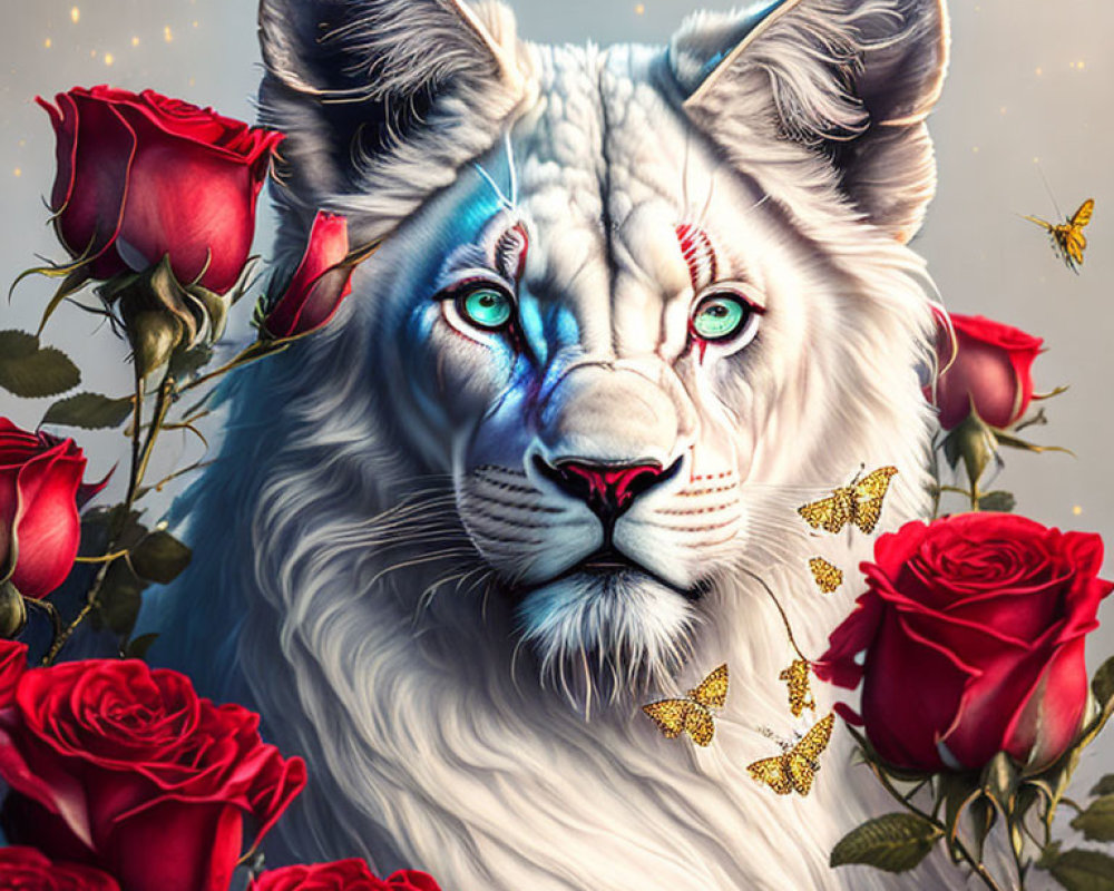 Surreal white tiger with blue eyes, red roses, and golden butterflies on soft backdrop