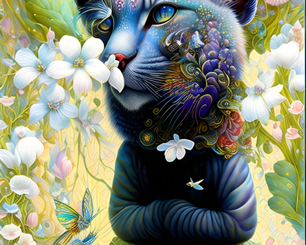 Colorful Stylized Cat Illustration with Flowers and Butterflies
