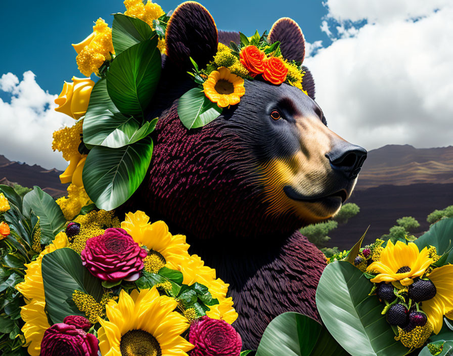 Bear head with green leaves and sunflowers in mountain landscape