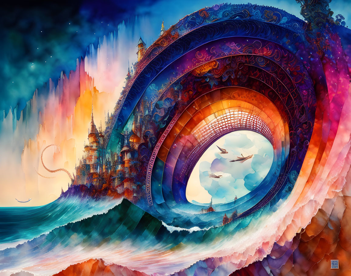 Colorful artwork: Fantastical wave spiral with intricate patterns, dreamy seascape, castles