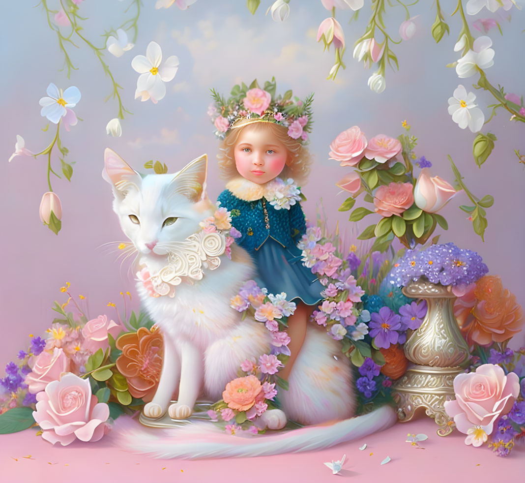 Illustration of small child with floral crown on giant white cat in pastel colors