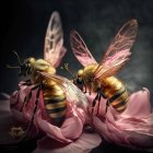 Golden mechanical bees on pink flowers against dark background