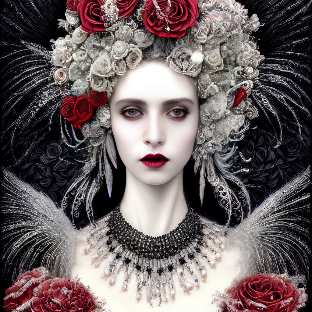 Pale woman in dark lipstick and lavish headpiece with roses and feathers.