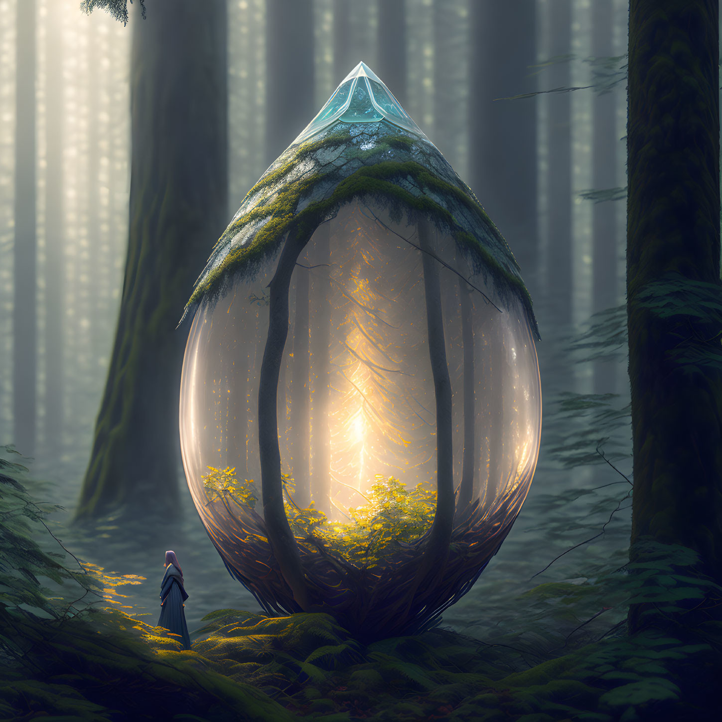 Mysterious egg-shaped structure in misty forest surrounded by lush greenery