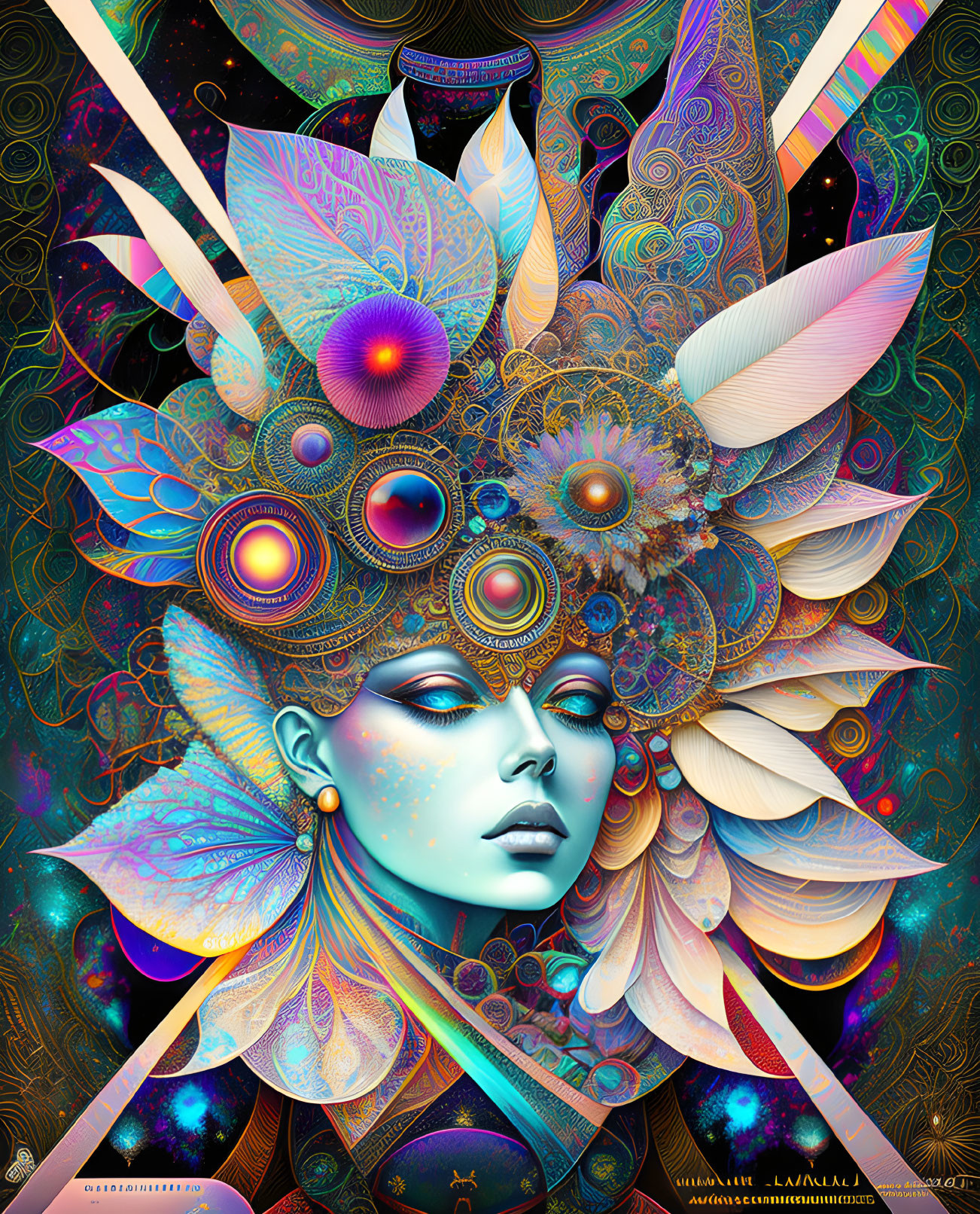 Colorful digital artwork of woman with cosmic floral headpiece