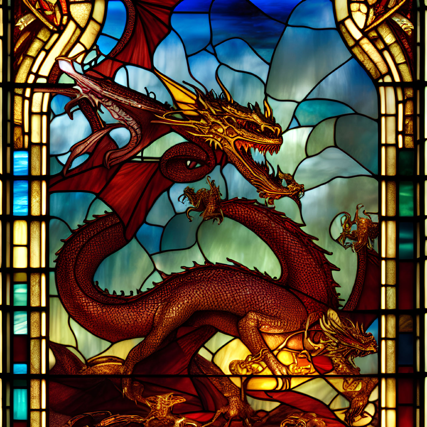 Multi-headed dragon stained glass window in red and gold hues on deep blue sky backdrop