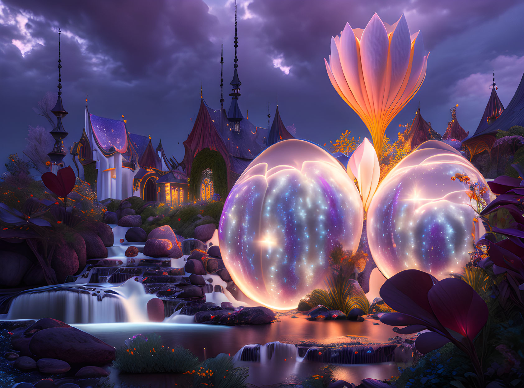 Luminous orbs, oversized flower, waterfalls in fantastical dusk landscape