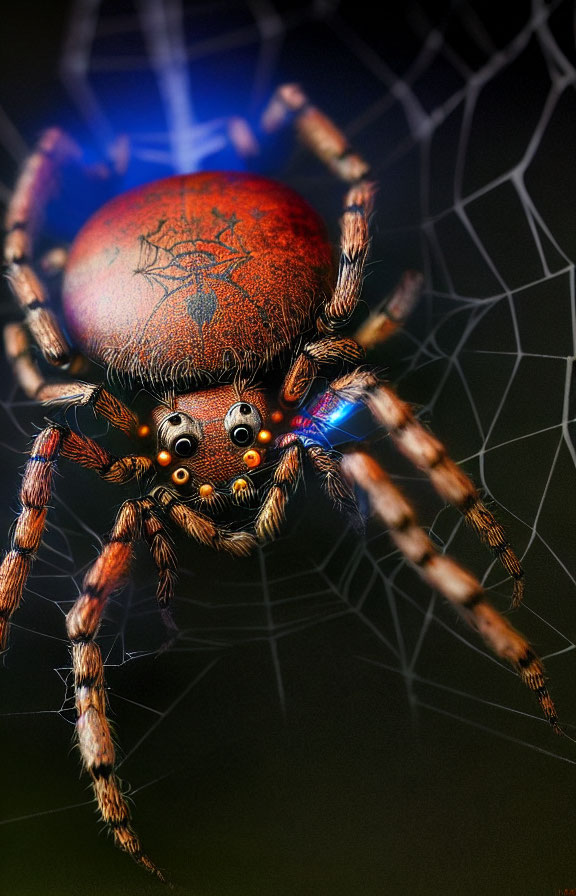 Detailed Spider on Web with Textured Body and Soft Glow